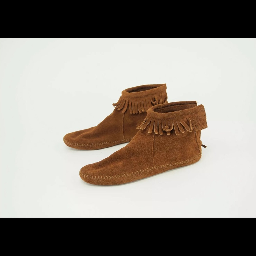 Minnetonka 282 Brown Suede Fringe Back Zip Womens Moccasin Booties Sz 7 1/2